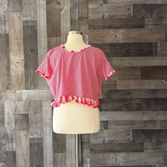 Handmade red gingham plaid ruffle trim top large festival boho garden party - Picture 7 of 10